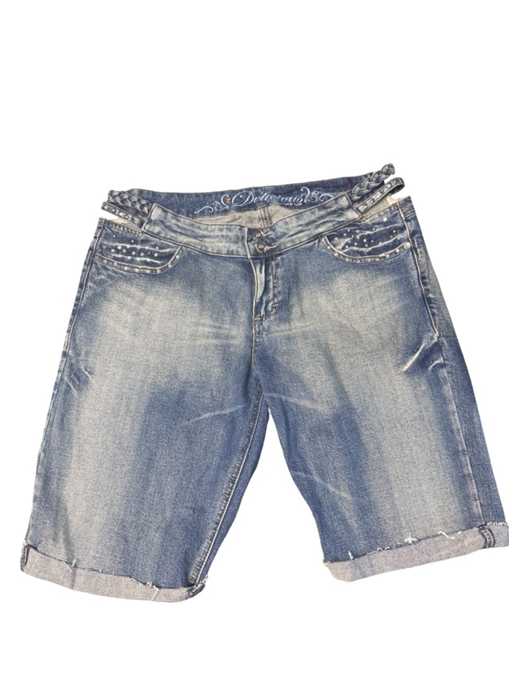 Delicious Studded Denim Bermuda Shorts Womens 32 Light Blue Cuffed Mid Rise